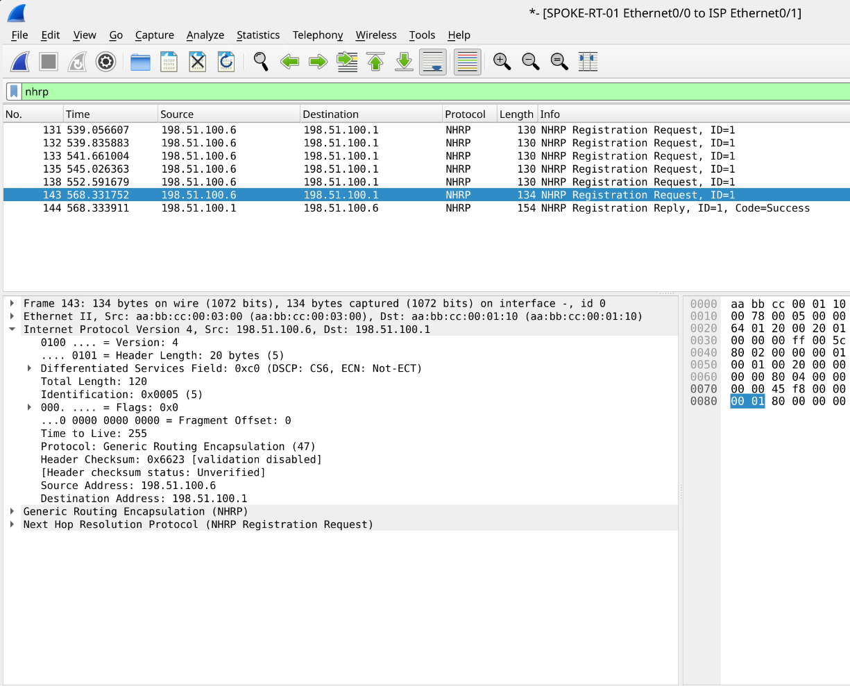 NHRP Registration Requestが5回再送され、6回目でRegistration Reply(Code=Success)が返っているWiresharkの画面