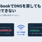 ChromebookでDNSを戻しても名前解決できない原因と対処法を示すアイキャッチ画像。digの結果がstatus: NXDOMAINのままTTLが523から480に減っていき、Wi-Fiを再接続するとstatus: NOERRORに変わる様子